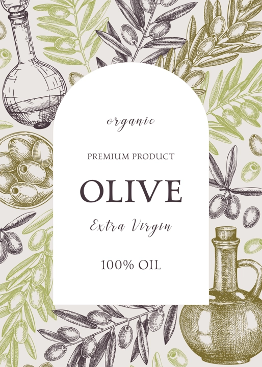 Olive oil background. Hand-drawn vector illustration. Olive tree branches, glass bottle, olives sketches. Italian food frame in vintage style. Vegetable oil design template